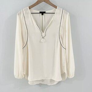 J.Crew Long Sleeve Cream w/ Black Piping Tassel Trim Blouse - Like New - Size 6